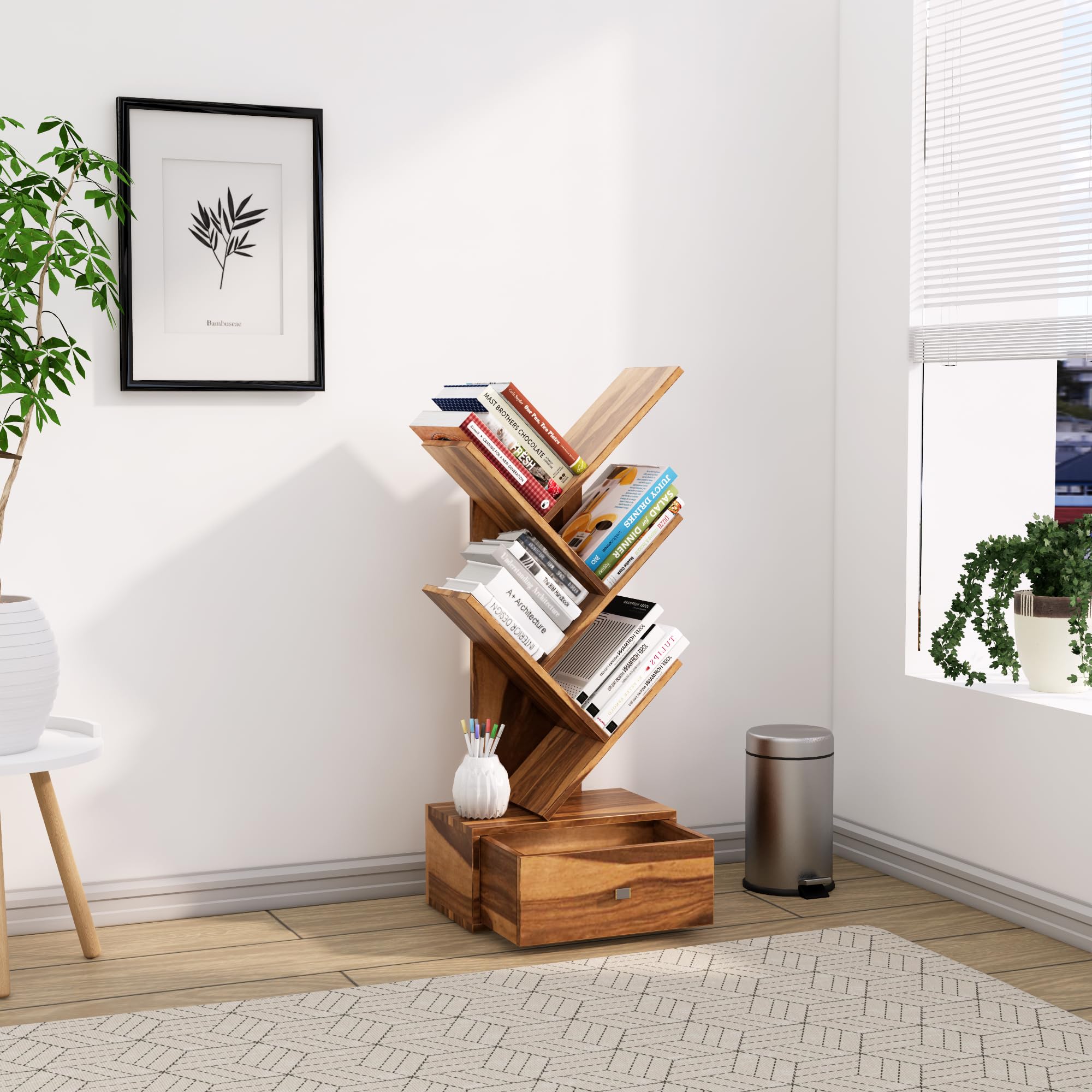 81axHgMAfEL.jpg FrontWood Sheesham Wood 5 Tier Tree Bookshelf With Drawer - Image 1