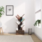 Solid Sheesham Wood 5 Tier Tree Bookshelf with Drawer – Walnut Finish - Image 3