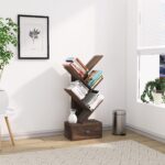 Solid Sheesham Wood 5 Tier Tree Bookshelf with Drawer – Walnut Finish - Image 4