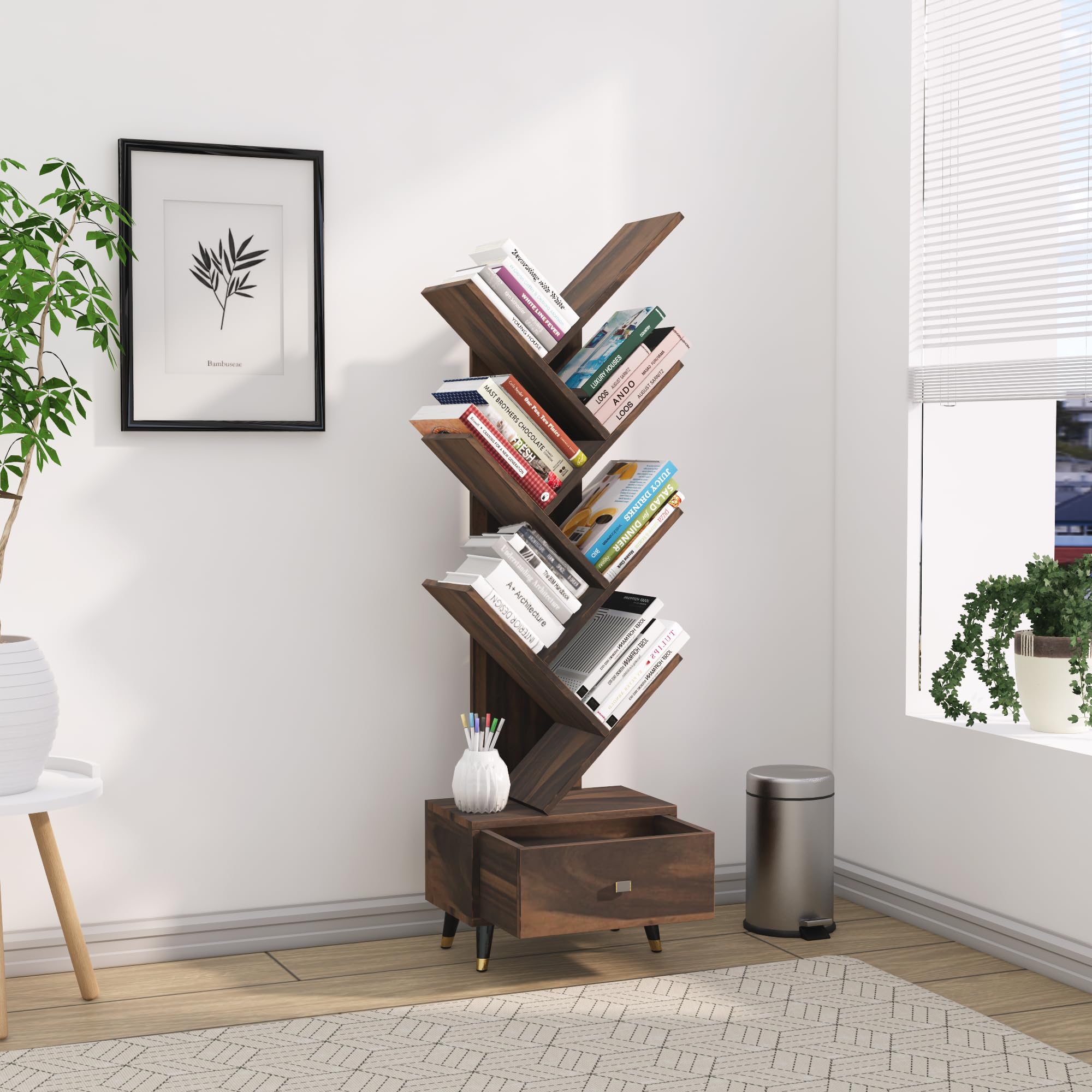 81vkIX6IRgL.jpg Sheesham Wood 7 Tier Tree Bookshelf with Drawer – Walnut Finish - Image 1