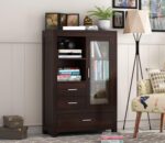 Wooden Book Shelf Cabinet with Glass Door & Drawer – Walnut Finish