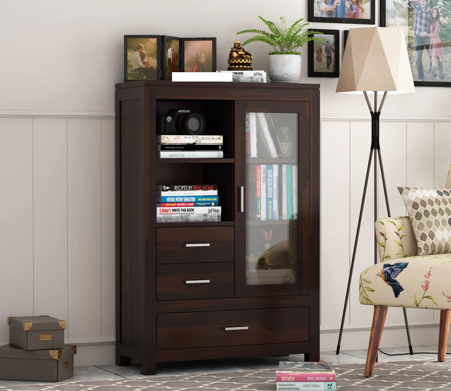 712pzanQgsL.jpg Wooden Book Shelf Cabinet with Glass Door & Drawer – Walnut Finish - Image 1
