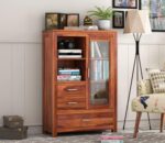 FrontWood Sheesham Wood Bookshelf Cabinet With Glass Door & Drawer Storage - Image 3