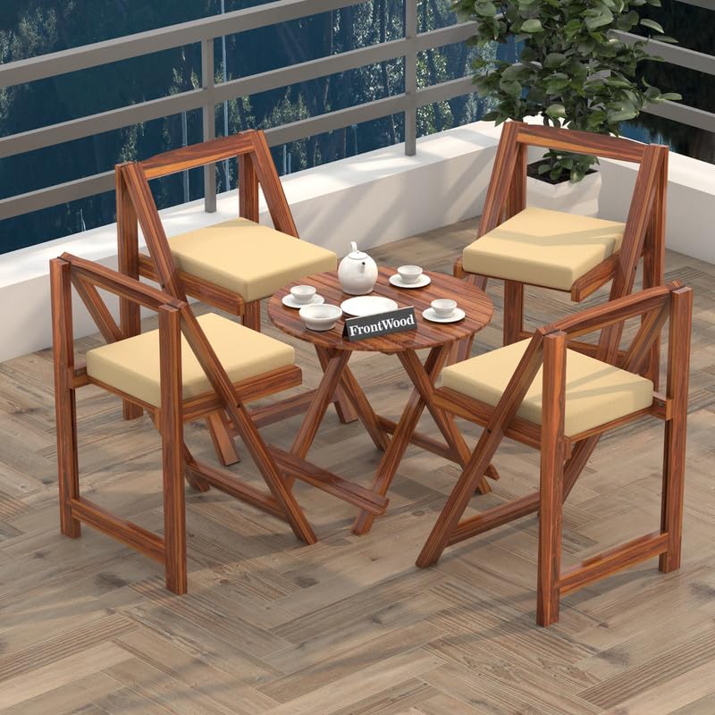 61RPRulB27L-1.jpg Sheesham Wood Foldable 4 Seater Round Patio Dining Set - Image 1