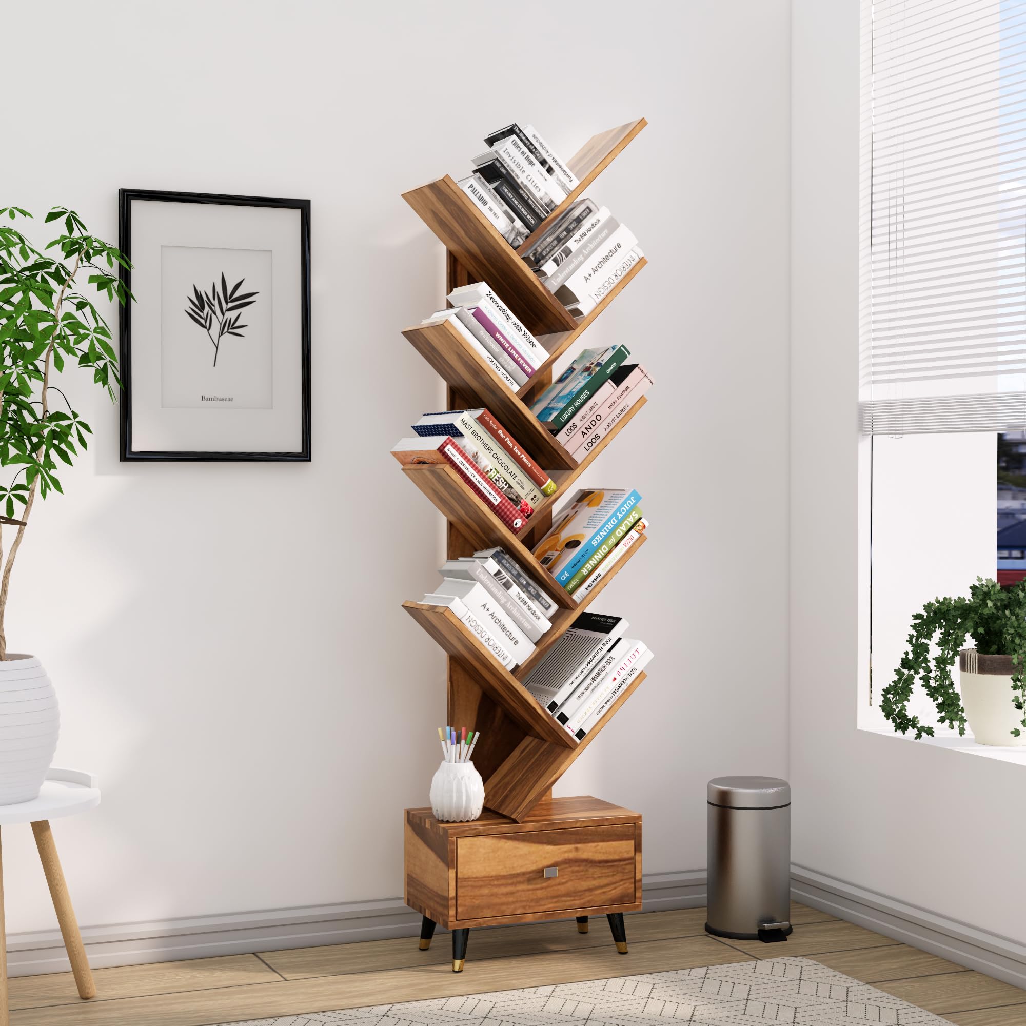 81oyYIlJGjL-1.jpg FurnitureWay Sheesham Wood 9-Tier Tree Bookshelf – Honey Finish - Image 1