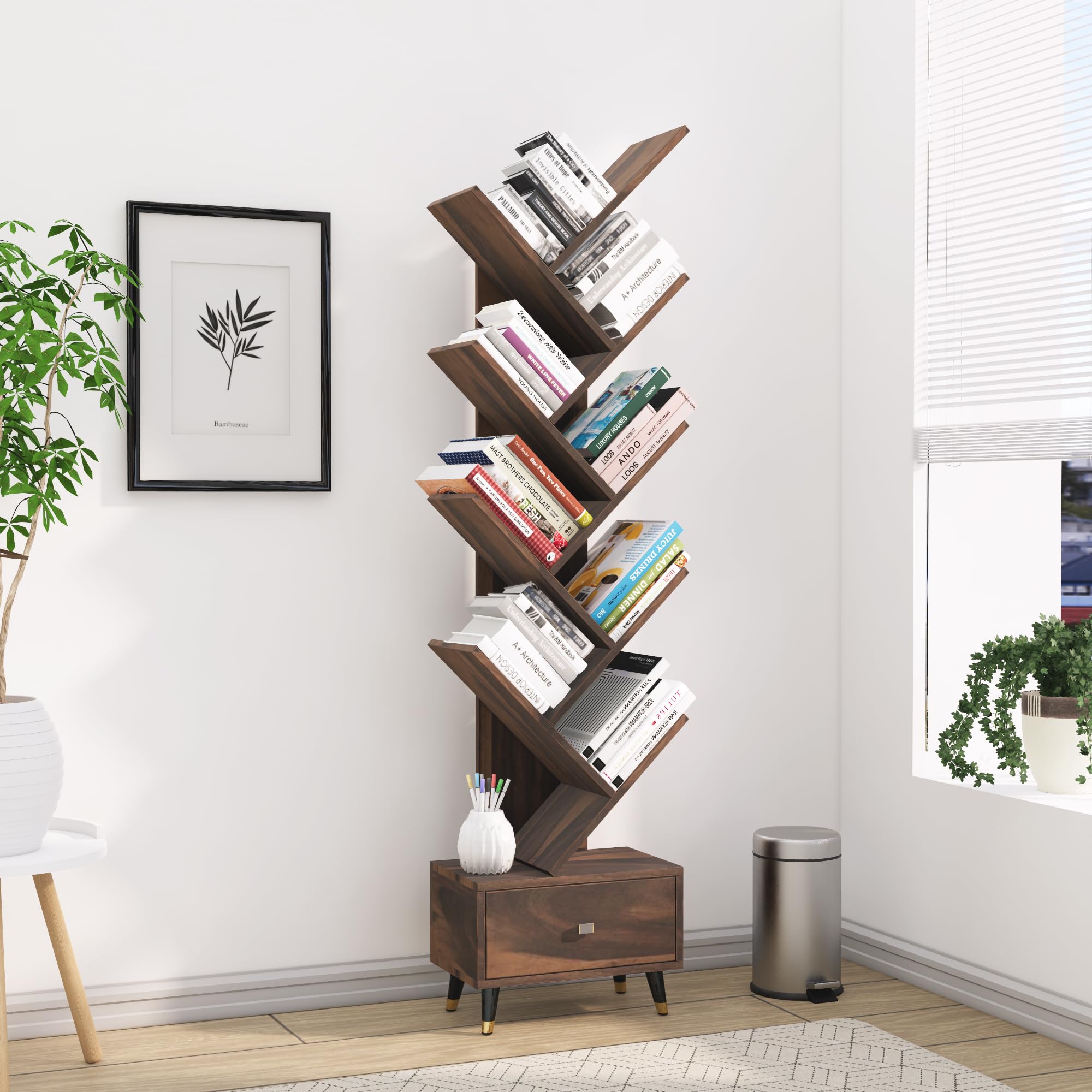 81571-1TgYL-1.jpg FurnitureWay Sheesham Wood 9-Tier Tree Bookshelf – Walnut Finish - Image 1